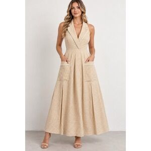 MABLE Women Beige Gingham Halter Maxi Dress Size Small NWT